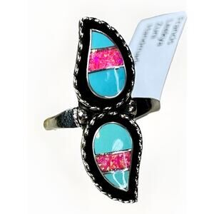 Zuni Francis Leekya Handmade Sterling Silver Turquoise Pink Opal Ring Size 8 NEW